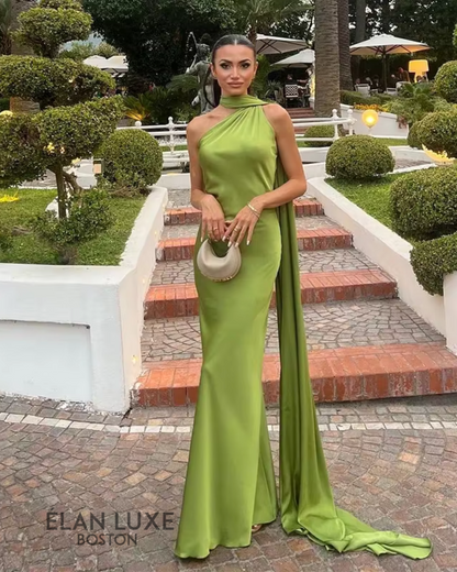 Pistachio Drape One-Shoulder Maxi Dress
