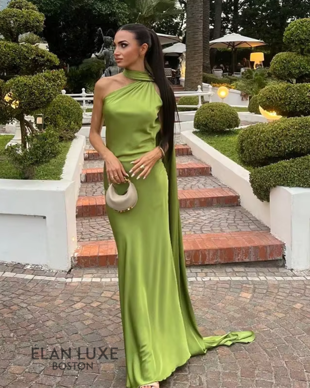 Pistachio Drape One-Shoulder Maxi Dress
