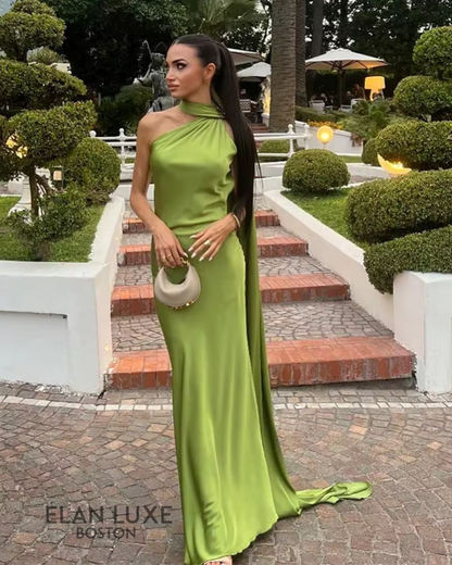 Pistachio Drape One-Shoulder Maxi Dress