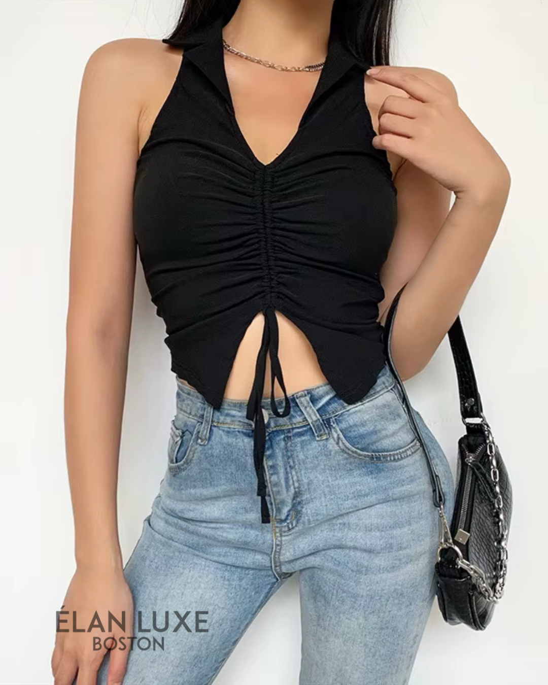 Halter Turn-Down Collar Crop Top