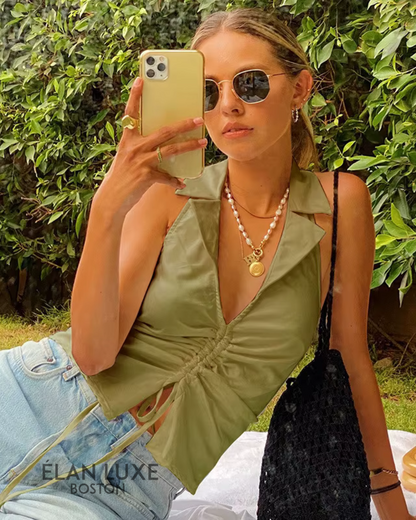 Halter Turn-Down Collar Crop Top