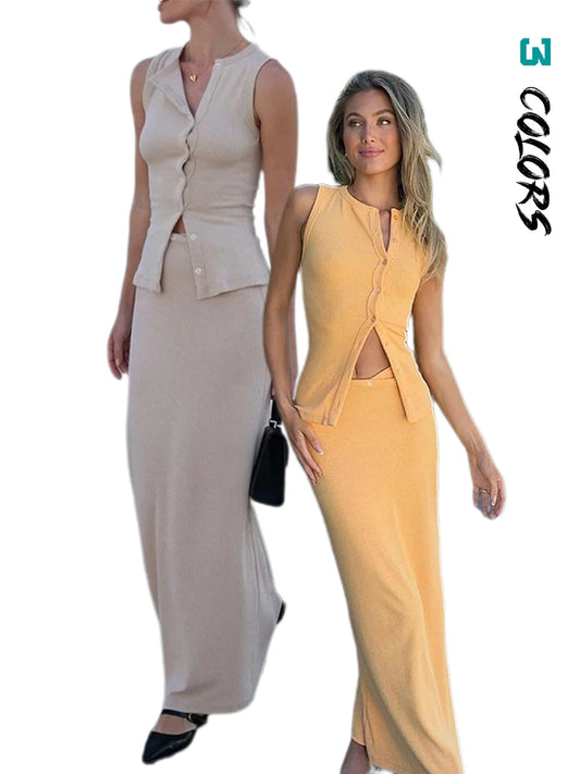 Elegant Maxi Skirt Two-piece Set Women's Sleeveless Knitted Deep O Neck Tops Slim Skirt Set 2025 Fashion Casual Skirt Sets