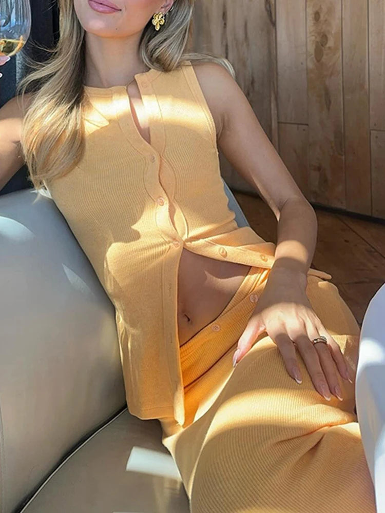 Elegant Maxi Skirt Two-piece Set Women's Sleeveless Knitted Deep O Neck Tops Slim Skirt Set 2025 Fashion Casual Skirt Sets