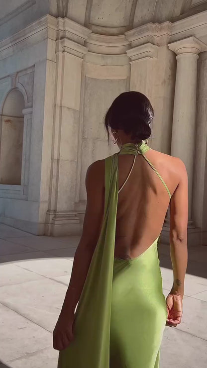 Pistachio Drape One-Shoulder Maxi Dress